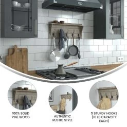 Merrick Lane Pine Wood 24 Inch Wall Mount Storage Rack With 5 Hanging Hooks And Upper Display Shelf -Household Improvement Store GUEST 025be7f4 6880 4025 a5b7 9daa6b445bdc