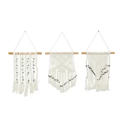 Set Of 3 Cotton Macrame Handmade Intricately Weaved Wall Decors With Beaded Fringe Tassels Cream - The Novogratz