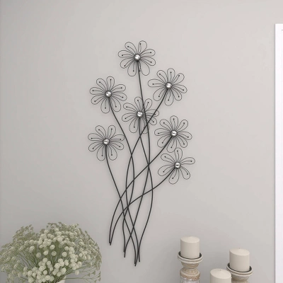 Metal Floral 3D Wire Wall Decor With Crystal Embellishments Black - Olivia & May 12 Metal Floral 3D Wire Wall Decor With Crystal Embellishments Black - Olivia & May - Image 10
