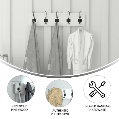 Flash Furniture Daly Wall Mounted 24 Inch Solid White Solid Pine Wood Storage Rack With 5 Hooks For Entryway, Kitchen, Bathroom 7 Flash Furniture Daly Wall Mounted 24 Inch Solid White Solid Pine Wood Storage Rack With 5 Hooks For Entryway, Kitchen, Bathroom - Image 5