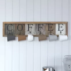 Merrick Lane Pheltz Wooden Wall Mount 6 Cup Distressed Wood Grain Printed COFFEE Mug Organizer With Metal Hanging Hooks, No Assembly Required