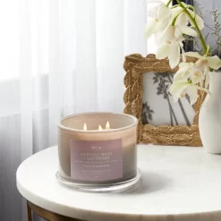 14oz Lidded Gray Glass Jar Crackling Wooden 3-Wick Candle With Paper Label Coastal Wind + Lavender - Threshold™