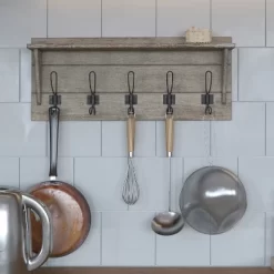 Merrick Lane Pine Wood 24 Inch Wall Mount Storage Rack With 5 Hanging Hooks And Upper Display Shelf -Household Improvement Store GUEST 3cd9aa3d 93b7 4338 9283 6f20574e5022