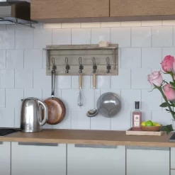 Merrick Lane Pine Wood 24 Inch Wall Mount Storage Rack With 5 Hanging Hooks And Upper Display Shelf -Household Improvement Store GUEST 54e12820 a822 403f b044 ccf1c2a10348