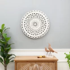 LuxenHome White Wood Flower 23.86" Round Wall Decor Home Decor Interior Design