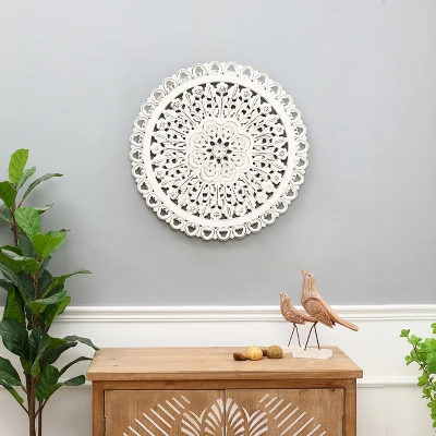 LuxenHome White Wood Flower 23.86" Round Wall Decor Home Decor Interior Design 3 LuxenHome White Wood Flower 23.86" Round Wall Decor Home Decor Interior Design