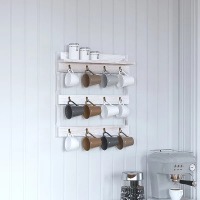 Merrick Lane Steeley Wooden Wall Mount Mug Rack Organizer With Upper Storage Shelf And Metal Hanging Hooks With No Assembly Required 3 Merrick Lane Steeley Wooden Wall Mount Mug Rack Organizer With Upper Storage Shelf And Metal Hanging Hooks With No Assembly Required
