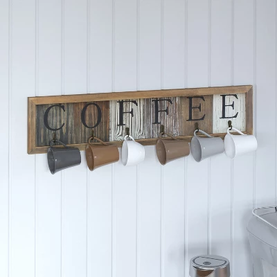 Merrick Lane Pheltz Wooden Wall Mount 6 Cup Distressed Wood Grain Printed COFFEE Mug Organizer With Metal Hanging Hooks, No Assembly Required 4 Merrick Lane Pheltz Wooden Wall Mount 6 Cup Distressed Wood Grain Printed COFFEE Mug Organizer With Metal Hanging Hooks, No Assembly Required - Image 2