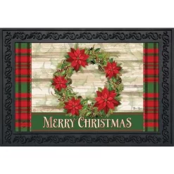 Poinsettia Wreath Christmas Doormat Plaid Indoor Outdoor 30" X 18" Briarwood Lane