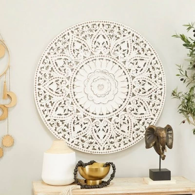 Wooden Floral Handmade Intricately Carved Wall Decor With Mandala Design - Olivia & May 6 Wooden Floral Handmade Intricately Carved Wall Decor With Mandala Design - Olivia & May - Image 4