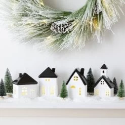 10pc Battery Operated Decorative Ceramic Village Kit White/Black With Green Trees - Wondershop™