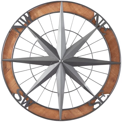 Metal Nautical Compass Wall Decor With Wood Frame Gray - Olivia & May 4 Metal Nautical Compass Wall Decor With Wood Frame Gray - Olivia & May - Image 2