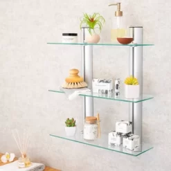 3 Tier Wall Mount Adjustable Glass Shelving Unit With Aluminum Bars - Danya B.