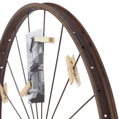 Metal Bike Wheel Wall Decor With Clothespin Photo Brown - Olivia & May 4 Metal Bike Wheel Wall Decor With Clothespin Photo Brown - Olivia & May - Image 2