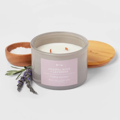 14oz Lidded Gray Glass Jar Crackling Wooden 3-Wick Candle With Paper Label Coastal Wind + Lavender - Threshold™ 4 14oz Lidded Gray Glass Jar Crackling Wooden 3-Wick Candle With Paper Label Coastal Wind + Lavender - Threshold™ - Image 2