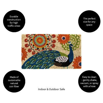 Evergreen Proud Peacocks Welcome Indoor Outdoor Coir Doormat 1'4"x2'4" Multicolored 4 Evergreen Proud Peacocks Welcome Indoor Outdoor Coir Doormat 1'4"x2'4" Multicolored - Image 2