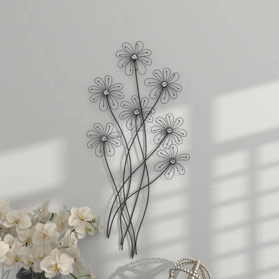 Metal Floral 3D Wire Wall Decor With Crystal Embellishments Black - Olivia & May 4 Metal Floral 3D Wire Wall Decor With Crystal Embellishments Black - Olivia & May - Image 2